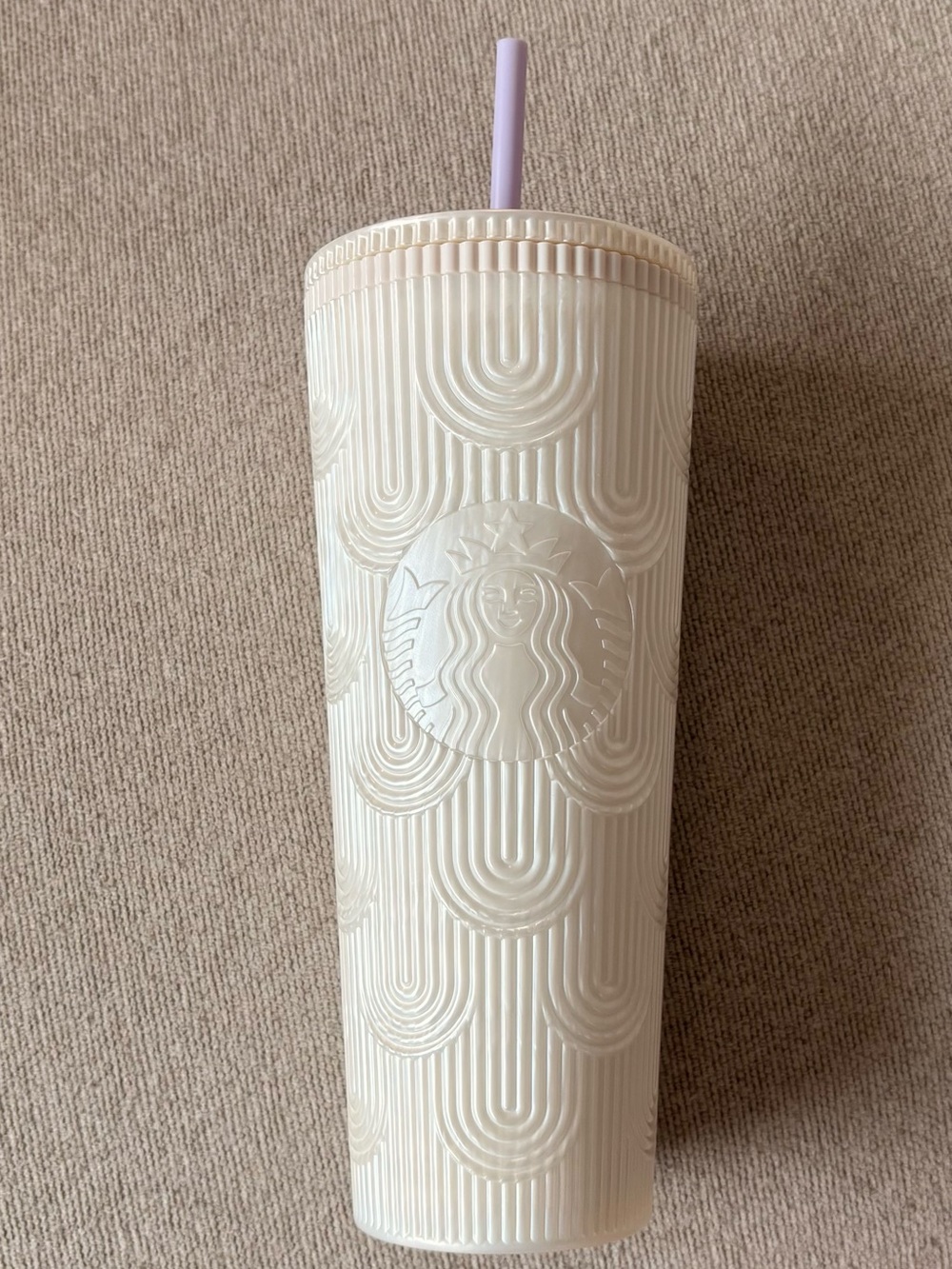 Starbucks Pearl White Embossed Tumbler with Lilac Straw